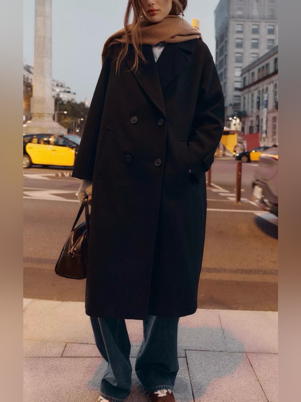 ZARA Black Soft Oversized Double-Breasted Coat Size XS